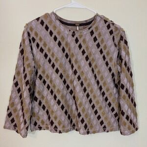 Free People Textured Cropped Knit Top Argyle Diamond‎ Large Boho Preppy Academia